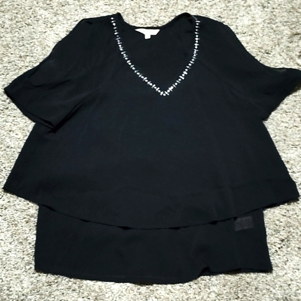 JUICY COUTURE WOMEN'S BLACK RHINESTONE DOUBLE LAYER SLIT SLEEVE SIZE SMALL TOP - Picture 2 of 9